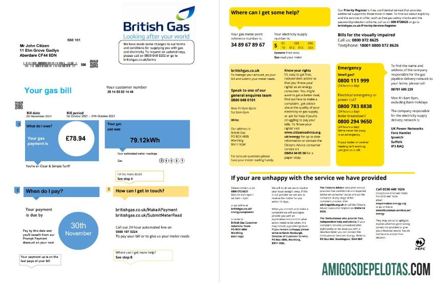 realista Modelo de fatura de serviços públicos de gás britânico do Reino Unido em formato Word e PDF totalmente editável (2 páginas) versão 1